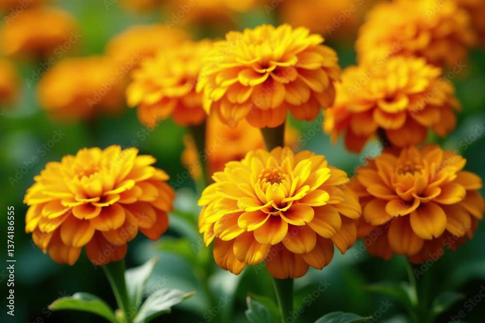 Vibrant close-up of blooming marigold flowers in shades of yellow and orange, foliage, hues