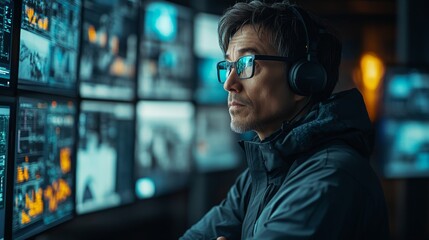 Aufkleber - A person wearing headphones and glasses is intently monitoring multiple screens displaying surveillance footage related to logistics and transportation systems.