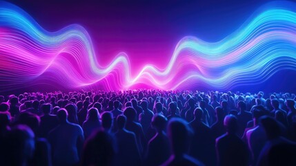 Poster - Neon soundwaves and dancing crowd. 