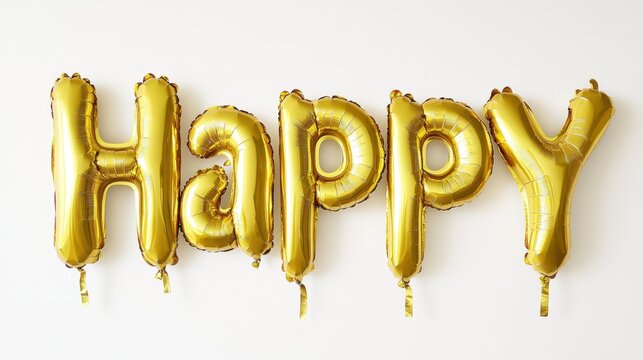 Balloons shaped like letters, spelling out Happy in gold foil on a white backdrop