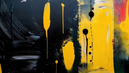 Aufkleber - dripping yellow and red abstract expressionist painting with textured black background, bold brush strokes, and dynamic contrast

