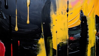 Aufkleber - dripping yellow and red abstract expressionist painting with textured black background, bold brush strokes, and dynamic contrast

