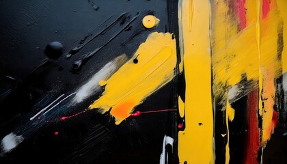 Poster - dripping yellow and red abstract expressionist painting with textured black background, bold brush strokes, and dynamic contrast

