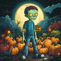cartoon illustration of a cute green zombie walking in a pumpkin patch at night, with a halloween ba