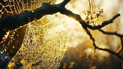 A close-up of dew-covered spiderwebs glistening in the morning light digital