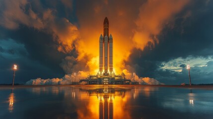 Poster - Rocket engines ignite dramatically as the vehicle prepares for a significant launch, showcasing powerful thrust and advancements in aerospace propulsion technology.