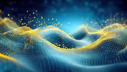 Leinwandbilder - abstract digital landscape with golden mesh wave and glowing particles, futuristic data visualization, ai technology concept

