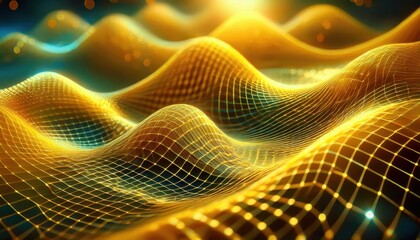 Poster - golden wave mesh landscape in digital art for tech branding, glowing futuristic design with 3d graphic depth