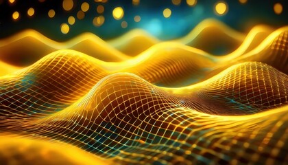 Poster - golden wave mesh landscape in digital art for tech branding, glowing futuristic design with 3d graphic depth