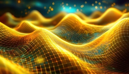 Leinwandbilder - golden wave mesh landscape in digital art for tech branding, glowing futuristic design with 3d graphic depth