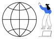 © robu_s - Woman gesturing toward a globe, emphasizing global reach and connectivity, with a laptop symbolizing technology. Ideal for education, communication, business, innovation, global access, teamwork