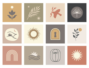 Wall Mural - Set of various decorative pictures in bohemian style with celestial and natural elements: sun, palm, flower, rainbow, bird, leaf. Fashionable boho icons perfect for printing labels, t-shirts, posters.