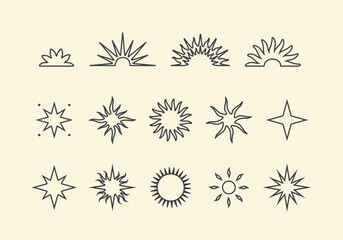 Wall Mural - Set of line sun icons in modern boho style. Vector design elements for branding, website, tattoo, packaging. Magic celestial sun silhouettes on light background.
