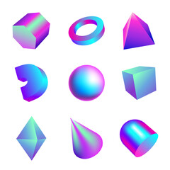 Poster - Gradient 3D shapes. Abstract geometric figures. Iridescent render blocks. Glossy cube and sphere. Shine tubes. Pyramid or cone structure. Foil hemisphere. Vector isolated forms set