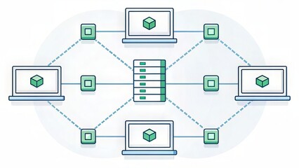 Leinwandbilder - A digital illustration depicting a network of computers connected to a central server, symbolizing data exchange and communication.