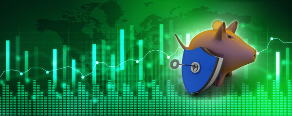 Poster - 3d rendering Pig Coin bank protection shield