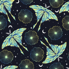 Wall Mural - magic green seamless pattern with moths. boho magic background with space elements stars. vector doo