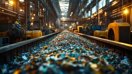 Poster - Workers are actively sorting and processing a mix of recyclable materials in a spacious logistics warehouse. Equipment and machinery operate efficiently under bright lighting.