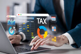 Online tax payment concept. Tax calculation, making income tax return and personal financial account. Businessman pay bills online on website form via laptop.