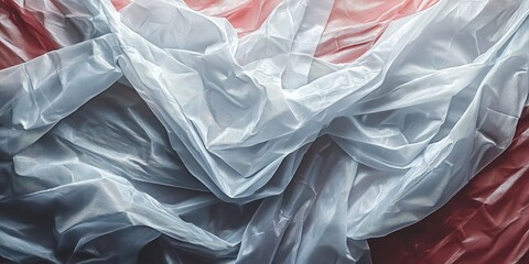 Poster - Flowing layers of red and white fabric on a textured surface create an artistic display in natural light