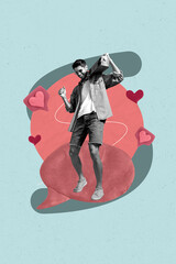 Poster - Vertical sketch 3d collage poster of happy man hold boombox stand bubble communication blogger like feedback social media