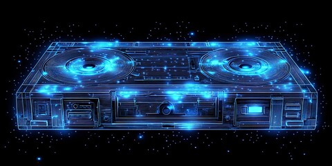 Poster - Digital representation of a vintage cassette player with glowing effects in a dark setting