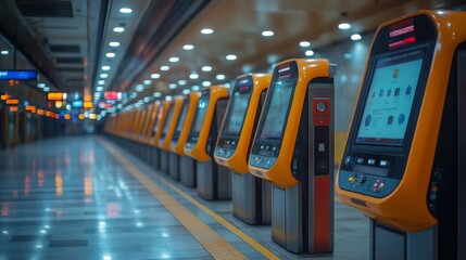 Poster - Advanced kiosks for ticketing and information lineup in a well lit transportation hub, emphasizing surveillance and security in urban mobility applications during evening hours.