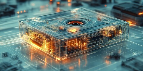 Poster - Digital rendering of a translucent cassette tape showcasing intricate circuitry and glowing elements in a futuristic environment