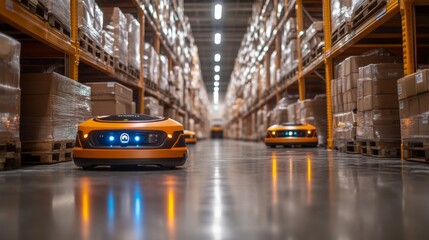 Poster - Robots move efficiently along polished floors in a large warehouse, organizing and sorting items from tall shelves stacked with various boxes during warehouse operations.