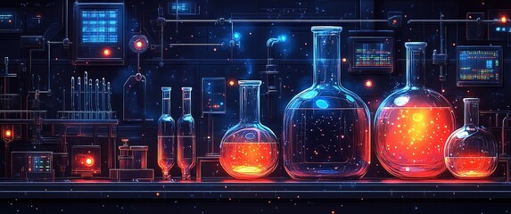 Poster - Colorful laboratory with glowing glass flasks and high-tech equipment at a research facility