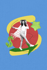 Aufkleber - Creative collage of happy woman in hat moving arrows up dollars on blue color background