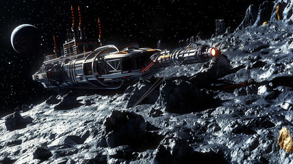 Poster - This futuristic spacecraft excavates an asteroid for valuable regolith extraction.