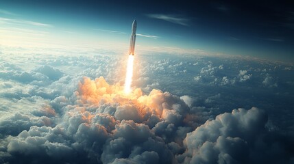 Aufkleber - A rocket lifts off from a launch pad, leaving a trail of fire and smoke as it ascends into the sky. The vehicle navigates through clouds towards its designated orbit.