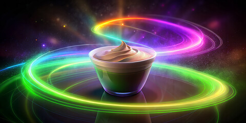 Wall Mural - A mocha mousse creamy dessert in a glass container. Green neon pink purple color light ultraviolet gradient radiance soft texture on dark black abstract background. Neon blur glow. Color light overlay