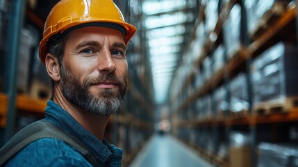 Poster - A knowledgeable worker in a safety helmet stands confidently among stacked pallets in a spacious distribution warehouse, ensuring smooth operations and efficient inventory management.