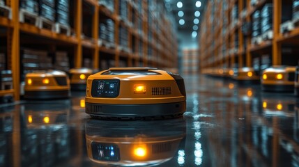 Leinwandbilder - Automated robots navigate a spacious warehouse filled with organized shelves of merchandise, showcasing the efficiency of modern inventory management and logistics solutions.