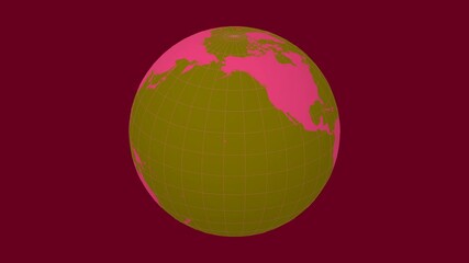 Poster - Spinning Earth. Slanted sphere view. Slow speed planet rotation. Solid color style. World map with sparse graticule lines on a deep background. Majestic animation.
