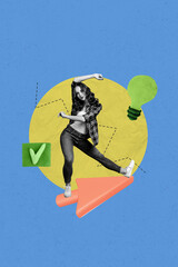 Aufkleber - Pop collage of happy girl dance arrows cursor with bulb on blue color background