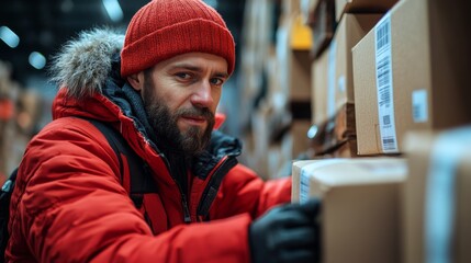 Poster - A warehouse worker with a red beanie and jacket sorts through stacked boxes, diligently managing inventory in a busy logistics center.