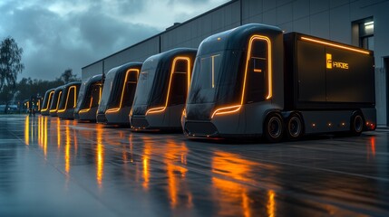 Aufkleber - Several sleek electric trucks are parked in front of a modern logistics warehouse, reflecting the evening rain and highlighting innovations in transportation and distribution.