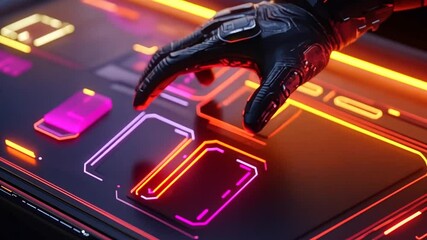 Poster - Futuristic Hand Interface With Vibrant Neon Elements in Focus Generative AI