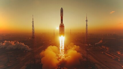 Poster - A rocket is launching into the sky at dawn, emanating flames and smoke from its boosters while ascending towards orbit, showcasing advancements in space travel and technology.