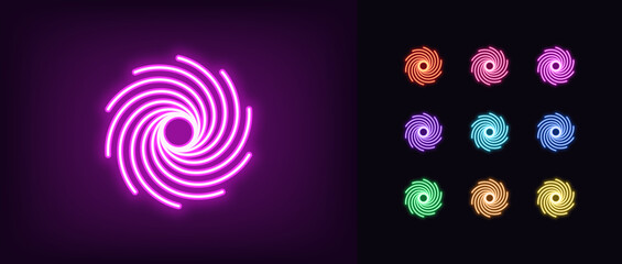 Poster - Outline neon black hole icon set. Glowing neon Black hole spiral, space vortex icon. Milky way spiral, galaxy swirl, intergalactic portal, space universe, magic cosmic tunnel. Vector icons set