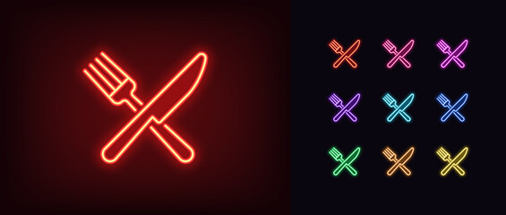Poster - outline neon knife and fork icon set. glowing neon cross with knife and fork, kitchen icon. food coo