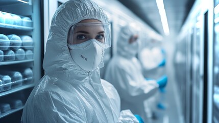 Poster - Workers in protective suits are organizing inventory in a temperature controlled cold storage area. The facility ensures safe storage for pharmaceuticals and sensitive perishable items.
