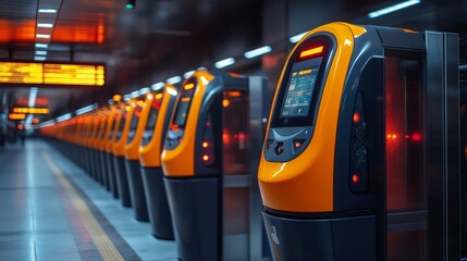 Leinwandbilder - Advanced ticketing kiosks stand ready at a busy transit station, facilitating automated entry as commuters navigate the transport infrastructure. Bright displays indicate service information.
