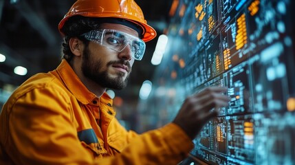 Fototapete - A worker in an orange uniform and hard hat focuses on a digital display showing inventory data in a bustling warehouse environment. The setting reflects advanced logistics processes.