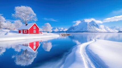 Red Cabin Winter Wonderland Landscape