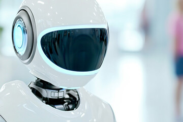 Poster - Futuristic humanoid robot with sleek white body and glowing blue visor standing in bright modern indoor space