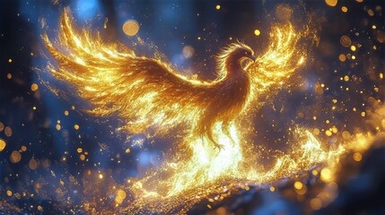 Wall Mural - A phoenix rising from golden flames, its wings outstretched in a brilliant display.